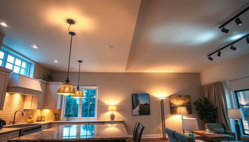 A well-lit kitchen and living room, showcasing a harmonious mix of task, ambient, and accent lighting. Warm spotlights illuminate the countertops and island, casting a cozy glow. Recessed ceiling lights provide even illumination, while decorative pendant lamps over the dining table and floor lamps in the living area add layers of brightness. Large windows allow natural light to flood the spaces, complemented by strategically placed sconces and dimmable track lighting that can be adjusted to set the desired mood. The overall lighting design creates a balanced, functional, and inviting atmosphere for both the culinary and relaxation zones. A well-lit kitchen and living room, showcasing a harmonious mix of task, ambient, and accent lighting. Warm spotlights illuminate the countertops and island, casting a cozy glow. Recessed ceiling lights provide even illumination, while decorative pendant lamps over the dining table and floor lamps in the living area add layers of brightness. Large windows allow natural light to flood the spaces, complemented by strategically placed sconces and dimmable track lighting that can be adjusted to set the desired mood. The overall lighting design creates a balanced, functional, and inviting atmosphere for both the culinary and relaxation zones.