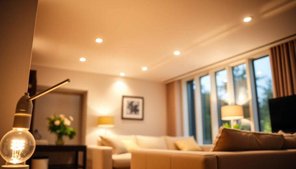 A well-lit living room featuring a variety of energy-efficient lighting solutions. In the foreground, a sleek table lamp with an LED bulb casts a warm glow. In the middle ground, recessed ceiling lights illuminate the space, their slim profiles blending seamlessly into the architecture. Along the back wall, a row of tall, narrow windows allows natural daylight to flood the room, complementing the artificial lighting. The overall atmosphere is cozy and inviting, with a focus on sustainable, cost-effective illumination that enhances the eco-friendly ambiance of the space. A well-lit living room featuring a variety of energy-efficient lighting solutions. In the foreground, a sleek table lamp with an LED bulb casts a warm glow. In the middle ground, recessed ceiling lights illuminate the space, their slim profiles blending seamlessly into the architecture. Along the back wall, a row of tall, narrow windows allows natural daylight to flood the room, complementing the artificial lighting. The overall atmosphere is cozy and inviting, with a focus on sustainable, cost-effective illumination that enhances the eco-friendly ambiance of the space.