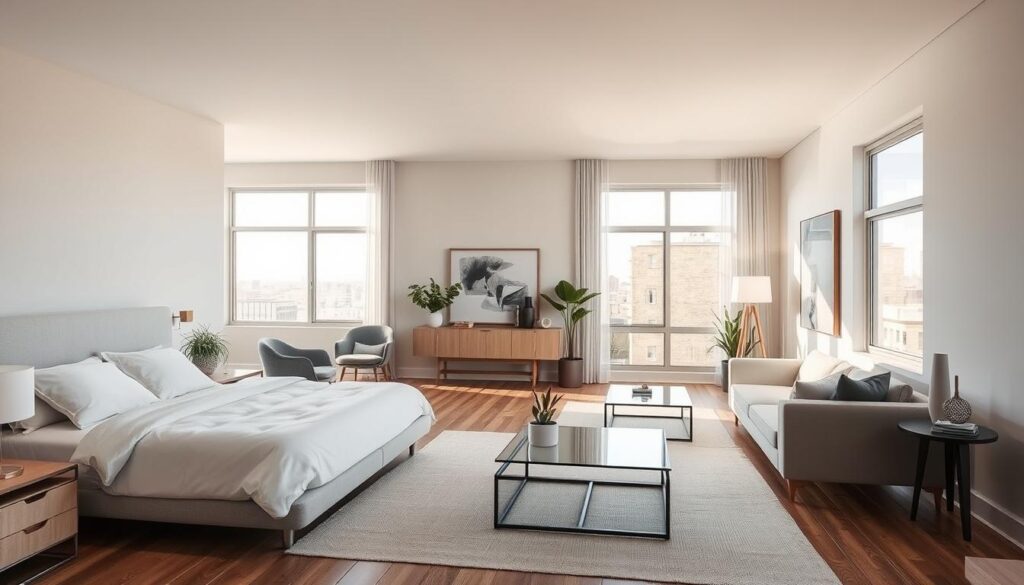 A well-lit, modern bedroom and living room combination in a spacious, open-concept layout. The bedroom features a plush, king-sized bed with crisp, white linens and a striking, minimalist headboard. Nearby, a cozy seating area with a low-profile sofa and armchair creates a relaxing living space, accented by a sleek, glass-topped coffee table. Large windows flood the room with natural light, casting a warm, inviting glow. Neutral tones of beige, grey, and wood create a serene, harmonious palette, while carefully placed decorative elements like potted plants and abstract artwork add pops of color and visual interest. The overall atmosphere is one of sophisticated, yet comfortable, living. A well-lit, modern bedroom and living room combination in a spacious, open-concept layout. The bedroom features a plush, king-sized bed with crisp, white linens and a striking, minimalist headboard. Nearby, a cozy seating area with a low-profile sofa and armchair creates a relaxing living space, accented by a sleek, glass-topped coffee table. Large windows flood the room with natural light, casting a warm, inviting glow. Neutral tones of beige, grey, and wood create a serene, harmonious palette, while carefully placed decorative elements like potted plants and abstract artwork add pops of color and visual interest. The overall atmosphere is one of sophisticated, yet comfortable, living.