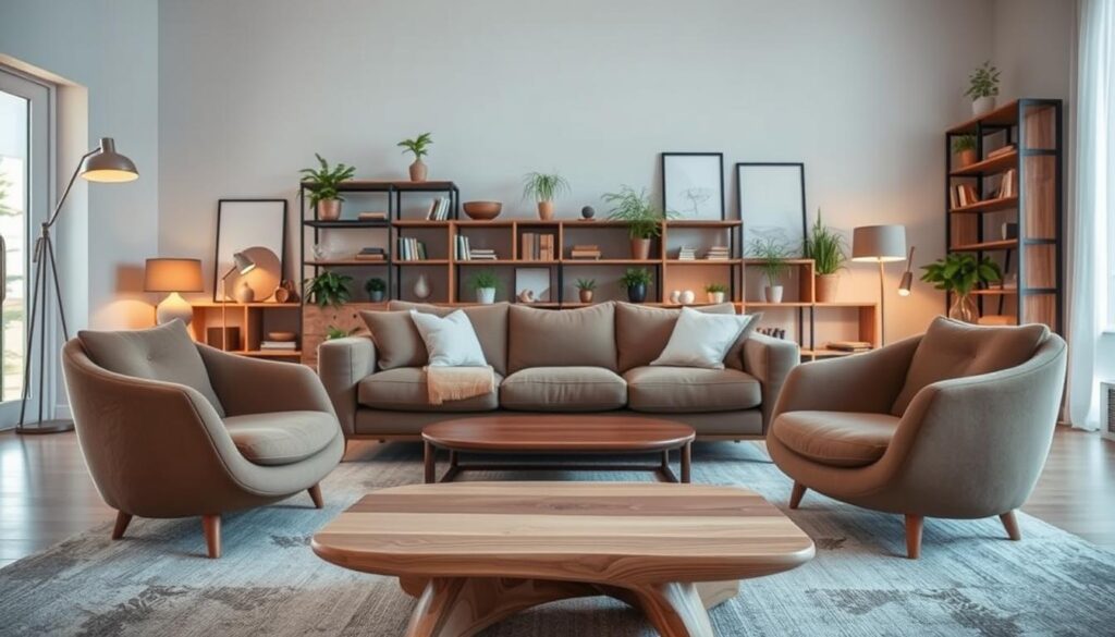A well-lit, modern living room featuring a variety of sustainable furniture options. In the foreground, a sleek, minimalist wooden coffee table with clean lines and a natural finish. Behind it, a plush, organic-shaped fabric sofa in a muted, earthy tone, complemented by matching armchairs. Along the walls, a bookshelf made from reclaimed wood showcases decorative items and plants, adding a touch of greenery. The lighting is warm and inviting, with a combination of floor lamps and pendant lights with natural-inspired shades. The overall atmosphere conveys a sense of comfort, sustainability, and environmental consciousness. A well-lit, modern living room featuring a variety of sustainable furniture options. In the foreground, a sleek, minimalist wooden coffee table with clean lines and a natural finish. Behind it, a plush, organic-shaped fabric sofa in a muted, earthy tone, complemented by matching armchairs. Along the walls, a bookshelf made from reclaimed wood showcases decorative items and plants, adding a touch of greenery. The lighting is warm and inviting, with a combination of floor lamps and pendant lights with natural-inspired shades. The overall atmosphere conveys a sense of comfort, sustainability, and environmental consciousness.