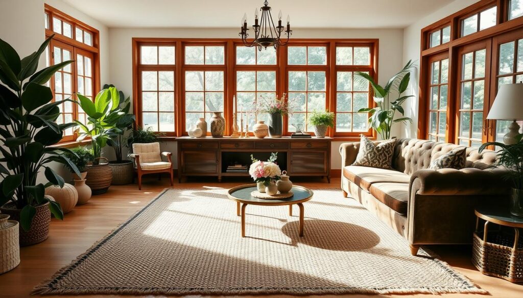 An elegant, sun-drenched Anthropologie-inspired living room, filled with lush greenery, warm wood tones, and plush textiles. In the foreground, a natural woven area rug anchors a cozy seating arrangement of a deep, tufted velvet sofa and matching armchair. Mid-ground, a wooden console table displays an artful arrangement of ceramic vases, brass candlesticks, and fresh flowers. The background features a wall of large windows, allowing natural light to pour in and illuminate the space. Soft, diffused lighting creates a cozy, inviting atmosphere. The overall aesthetic is a harmonious blend of bohemian, vintage, and modern elements, capturing the essence of the Anthropologie aesthetic. An elegant, sun-drenched Anthropologie-inspired living room, filled with lush greenery, warm wood tones, and plush textiles. In the foreground, a natural woven area rug anchors a cozy seating arrangement of a deep, tufted velvet sofa and matching armchair. Mid-ground, a wooden console table displays an artful arrangement of ceramic vases, brass candlesticks, and fresh flowers. The background features a wall of large windows, allowing natural light to pour in and illuminate the space. Soft, diffused lighting creates a cozy, inviting atmosphere. The overall aesthetic is a harmonious blend of bohemian, vintage, and modern elements, capturing the essence of the Anthropologie aesthetic.