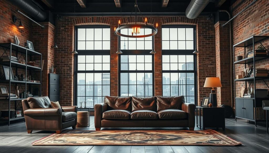 An industrial-style living room with a bold, edgy atmosphere. In the foreground, a distressed leather sofa and matching armchair sit atop a worn, vintage-inspired rug. Overhead, a large, minimalist iron chandelier casts a warm, moody glow. The walls are exposed brick, complemented by metal shelving units displaying a collection of eclectic decor. In the background, a massive, floor-to-ceiling window offers a view of a bustling cityscape, creating a dynamic contrast between the rugged, urban setting and the refined, loft-like interior. The scene is illuminated by a combination of natural and industrial-style lighting, casting dramatic shadows and highlights that accentuate the space's raw, unfinished aesthetic. An industrial-style living room with a bold, edgy atmosphere. In the foreground, a distressed leather sofa and matching armchair sit atop a worn, vintage-inspired rug. Overhead, a large, minimalist iron chandelier casts a warm, moody glow. The walls are exposed brick, complemented by metal shelving units displaying a collection of eclectic decor. In the background, a massive, floor-to-ceiling window offers a view of a bustling cityscape, creating a dynamic contrast between the rugged, urban setting and the refined, loft-like interior. The scene is illuminated by a combination of natural and industrial-style lighting, casting dramatic shadows and highlights that accentuate the space's raw, unfinished aesthetic.