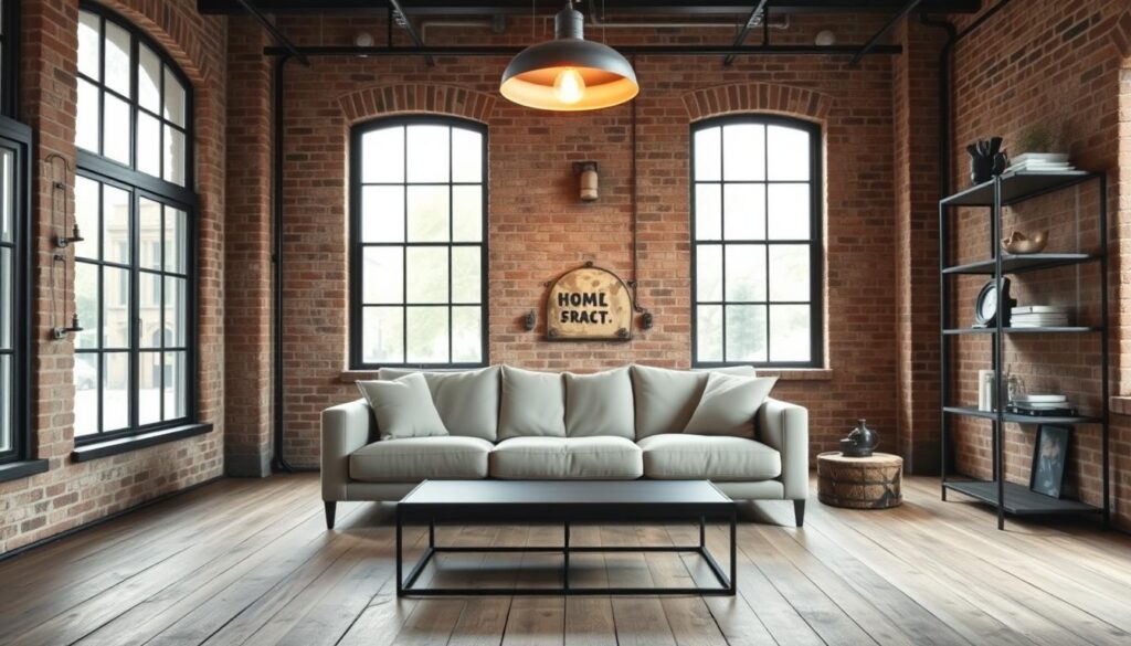 An industrial-style living room with exposed brick walls, large windows allowing natural light to flood the space, and sleek, minimalist furniture. A plush, neutral-toned sofa sits atop a distressed, wooden floor, complemented by a low, metal coffee table. Overhead, a statement pendant light fixture casts a warm, ambient glow, while metal shelving units line the walls, displaying a curated collection of industrial-inspired decor. The overall aesthetic is a harmonious blend of raw, textured materials and contemporary design, creating an edgy yet chic atmosphere.