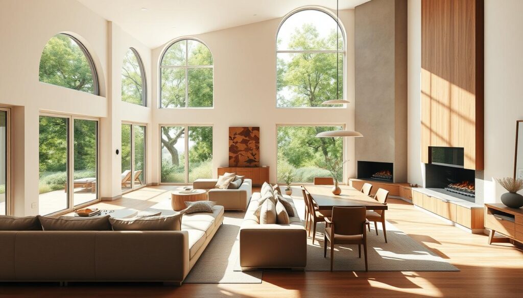 An open concept living and dining room bathed in warm, natural light. The space is defined by clean lines, minimalist furniture, and a cohesive color palette of earthy tones. A large, plush sofa anchors the living area, positioned to face a modern, geometric fireplace. Nearby, a wooden dining table with simple, elegant chairs invites intimate gatherings. Tall, arched windows offer picturesque views of lush greenery outside, blurring the boundaries between indoors and out. The overall atmosphere is one of tranquility and understated sophistication, creating a harmonious flow between the living and dining zones. An open concept living and dining room bathed in warm, natural light. The space is defined by clean lines, minimalist furniture, and a cohesive color palette of earthy tones. A large, plush sofa anchors the living area, positioned to face a modern, geometric fireplace. Nearby, a wooden dining table with simple, elegant chairs invites intimate gatherings. Tall, arched windows offer picturesque views of lush greenery outside, blurring the boundaries between indoors and out. The overall atmosphere is one of tranquility and understated sophistication, creating a harmonious flow between the living and dining zones.