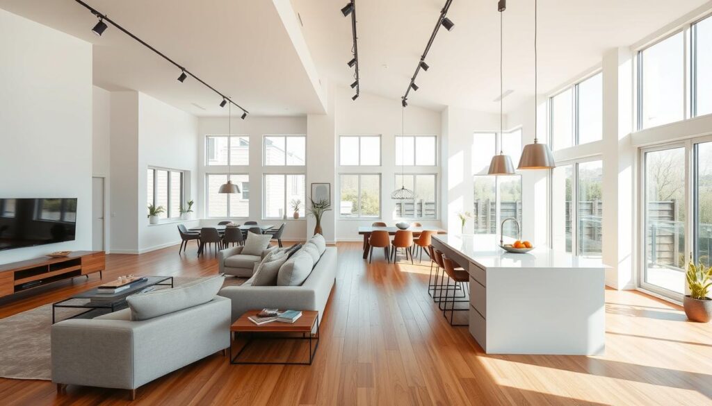 An open-concept living room and kitchen with a bright, airy ambiance. The layout features high ceilings, large windows allowing ample natural light, and a seamless flow between the living and cooking spaces. Contemporary furniture, including a plush sectional sofa and a modern kitchen island, creates a cohesive, minimalist aesthetic. Warm hardwood flooring grounds the scene, while strategically placed track lighting and pendant lamps provide a soft, inviting glow. The overall impression is one of spaciousness, functionality, and a harmonious fusion of relaxation and culinary activities. An open-concept living room and kitchen with a bright, airy ambiance. The layout features high ceilings, large windows allowing ample natural light, and a seamless flow between the living and cooking spaces. Contemporary furniture, including a plush sectional sofa and a modern kitchen island, creates a cohesive, minimalist aesthetic. Warm hardwood flooring grounds the scene, while strategically placed track lighting and pendant lamps provide a soft, inviting glow. The overall impression is one of spaciousness, functionality, and a harmonious fusion of relaxation and culinary activities.