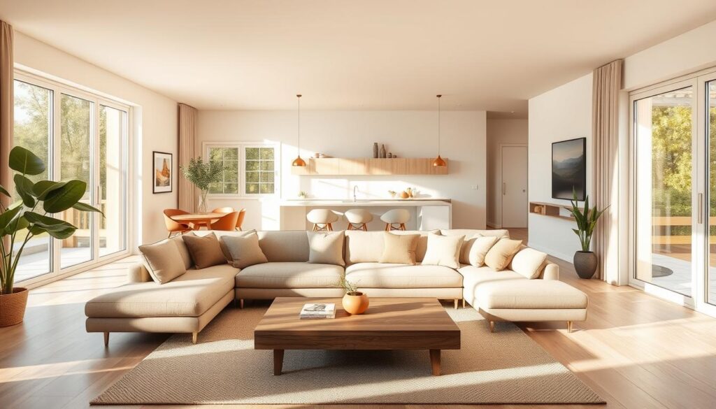 An open concept living room with a seamless flow, bathed in warm, natural light that streams through large windows. The room features a modern, minimalist design with clean lines and a neutral color palette of beige, white, and light wood tones. A plush, L-shaped sofa anchors the space, complemented by a low, wooden coffee table and a cozy armchair. Plants and subtle artwork add pops of greenery and visual interest. The kitchen is visible in the background, connected to the living area, creating a harmonious, open-plan layout. The scene conveys a sense of tranquility and spaciousness, perfect for relaxation and entertaining. An open concept living room with a seamless flow, bathed in warm, natural light that streams through large windows. The room features a modern, minimalist design with clean lines and a neutral color palette of beige, white, and light wood tones. A plush, L-shaped sofa anchors the space, complemented by a low, wooden coffee table and a cozy armchair. Plants and subtle artwork add pops of greenery and visual interest. The kitchen is visible in the background, connected to the living area, creating a harmonious, open-plan layout. The scene conveys a sense of tranquility and spaciousness, perfect for relaxation and entertaining.