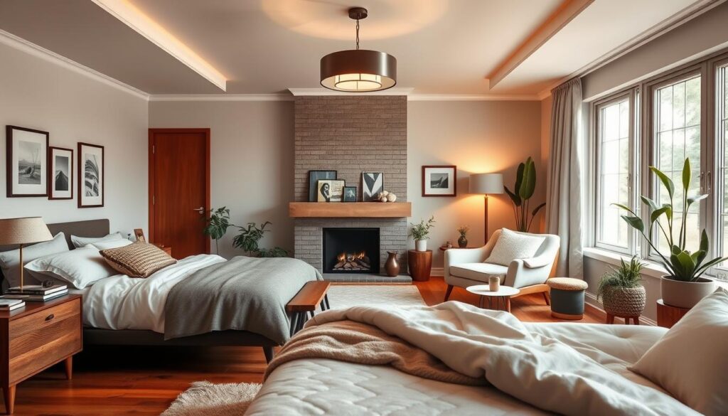 Bedroom with cozy living area, warm natural lighting, mid-century modern furniture, plush textures, and personalized decor. Soft bedding, a reading nook with a comfortable armchair, and a minimalist fireplace in the background. The space exudes a sense of relaxation and sophisticated style, tailored to the individual's taste and preferences. Hardwood floors, a statement light fixture, and potted plants add depth and character to the scene. An inviting and harmonious blend of bedroom and living room elements. Bedroom with cozy living area, warm natural lighting, mid-century modern furniture, plush textures, and personalized decor. Soft bedding, a reading nook with a comfortable armchair, and a minimalist fireplace in the background. The space exudes a sense of relaxation and sophisticated style, tailored to the individual's taste and preferences. Hardwood floors, a statement light fixture, and potted plants add depth and character to the scene. An inviting and harmonious blend of bedroom and living room elements.