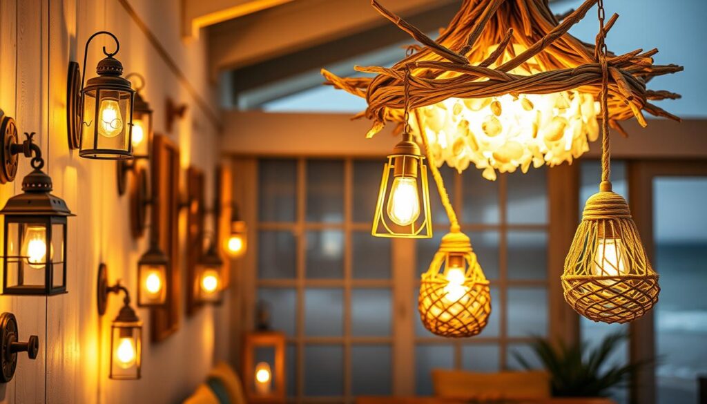 Coastal lighting fixtures bathed in warm golden glow, casting a gentle illumination across a serene beach setting. In the foreground, a collection of rustic lanterns and sconces adorn the walls, their weathered metal frames and tinted glass shades complementing the natural beachy ambiance. In the middle ground, a pair of pendant lights hang above a wooden table, their rope-wrapped frames and seashell-inspired accents echoing the coastal theme. In the background, a large chandelier made of driftwood and seaglass casts a soft, diffused light over the entire space, creating an inviting and relaxing atmosphere. Coastal lighting fixtures bathed in warm golden glow, casting a gentle illumination across a serene beach setting. In the foreground, a collection of rustic lanterns and sconces adorn the walls, their weathered metal frames and tinted glass shades complementing the natural beachy ambiance. In the middle ground, a pair of pendant lights hang above a wooden table, their rope-wrapped frames and seashell-inspired accents echoing the coastal theme. In the background, a large chandelier made of driftwood and seaglass casts a soft, diffused light over the entire space, creating an inviting and relaxing atmosphere.