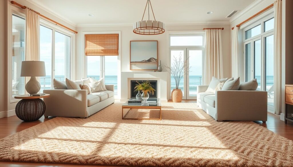Coastal living room rug inspirations: a sun-drenched, airy space with a large, plush rug in warm beige tones and intricate coastal patterns, complemented by soft linen furnishings, natural wood accents, and a pair of large windows overlooking a serene ocean vista. The rug anchors the room, its textured weave adding depth and visual interest, while the overall palette and natural materials evoke a sense of relaxation and tranquility. Soft, diffused lighting from a modern coastal-style chandelier casts a gentle glow, creating a welcoming and inviting atmosphere. The composition is shot from a slightly elevated angle, capturing the rug's graceful curves and the harmonious integration of the coastal design elements. Coastal living room rug inspirations: a sun-drenched, airy space with a large, plush rug in warm beige tones and intricate coastal patterns, complemented by soft linen furnishings, natural wood accents, and a pair of large windows overlooking a serene ocean vista. The rug anchors the room, its textured weave adding depth and visual interest, while the overall palette and natural materials evoke a sense of relaxation and tranquility. Soft, diffused lighting from a modern coastal-style chandelier casts a gentle glow, creating a welcoming and inviting atmosphere. The composition is shot from a slightly elevated angle, capturing the rug's graceful curves and the harmonious integration of the coastal design elements.