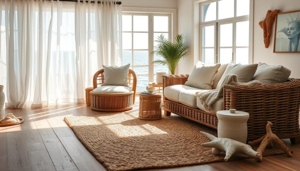 Coastal living room textures: a sun-drenched scene with woven rattan furniture, plush linen cushions, and driftwood accents. Dappled sunlight filters through sheer white curtains, casting a warm glow on the weathered wood floors. In the foreground, a hand-knotted jute rug grounds the space, its natural fibers echoing the organic textures of driftwood and seashells. The middle ground features a plush, neutral-toned sofa, its soft textural elements complemented by a woven throw blanket. In the background, a large picture window offers a glimpse of the shimmering ocean beyond, creating a seamless transition between indoor and outdoor living. The overall atmosphere evokes a sense of laid-back coastal charm and relaxation. Coastal living room textures: a sun-drenched scene with woven rattan furniture, plush linen cushions, and driftwood accents. Dappled sunlight filters through sheer white curtains, casting a warm glow on the weathered wood floors. In the foreground, a hand-knotted jute rug grounds the space, its natural fibers echoing the organic textures of driftwood and seashells. The middle ground features a plush, neutral-toned sofa, its soft textural elements complemented by a woven throw blanket. In the background, a large picture window offers a glimpse of the shimmering ocean beyond, creating a seamless transition between indoor and outdoor living. The overall atmosphere evokes a sense of laid-back coastal charm and relaxation.