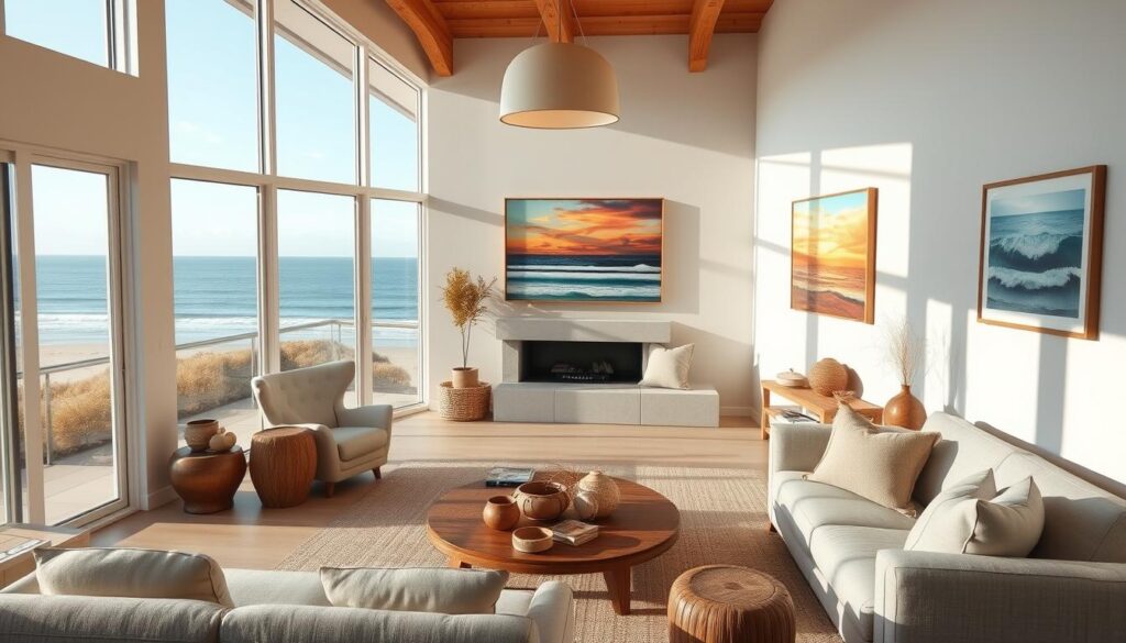 Coastal living room with natural light filtering through large windows, overlooking a serene beach and ocean view. Soft, neutral-toned furniture and textiles create a relaxing ambiance, complemented by natural wood accents and earthy ceramics. Hanging on the walls, vibrant abstract paintings and framed photographs capture the ever-changing hues of the coastal landscape - crashing waves, golden sunsets, and the gentle ebb and flow of the tide. Overhead, a modern pendant light casts a warm glow, inviting you to unwind and soak in the tranquil atmosphere. The room exudes a sense of coastal sophistication and laidback elegance, perfect for a relaxing retreat. Coastal living room with natural light filtering through large windows, overlooking a serene beach and ocean view. Soft, neutral-toned furniture and textiles create a relaxing ambiance, complemented by natural wood accents and earthy ceramics. Hanging on the walls, vibrant abstract paintings and framed photographs capture the ever-changing hues of the coastal landscape - crashing waves, golden sunsets, and the gentle ebb and flow of the tide. Overhead, a modern pendant light casts a warm glow, inviting you to unwind and soak in the tranquil atmosphere. The room exudes a sense of coastal sophistication and laidback elegance, perfect for a relaxing retreat.