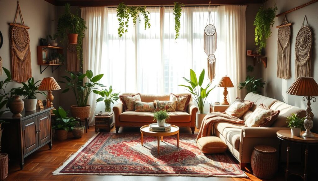 Cozy bohemian living room with lush, textured decor. Sunlit space with warm, natural lighting filtering through sheer curtains. Wooden floors and accents complemented by an ornate Persian rug, plush velvet sofa, and bohemian throw pillows. Lush potted plants and hanging greenery add a touch of nature. Antique side tables and vintage brass lamps create a lived-in, eclectic feel. Decorative wall hangings, macrame, and dreamcatchers add bohemian flair. The overall atmosphere is relaxed, comfortable, and inviting. Cozy bohemian living room with lush, textured decor. Sunlit space with warm, natural lighting filtering through sheer curtains. Wooden floors and accents complemented by an ornate Persian rug, plush velvet sofa, and bohemian throw pillows. Lush potted plants and hanging greenery add a touch of nature. Antique side tables and vintage brass lamps create a lived-in, eclectic feel. Decorative wall hangings, macrame, and dreamcatchers add bohemian flair. The overall atmosphere is relaxed, comfortable, and inviting.