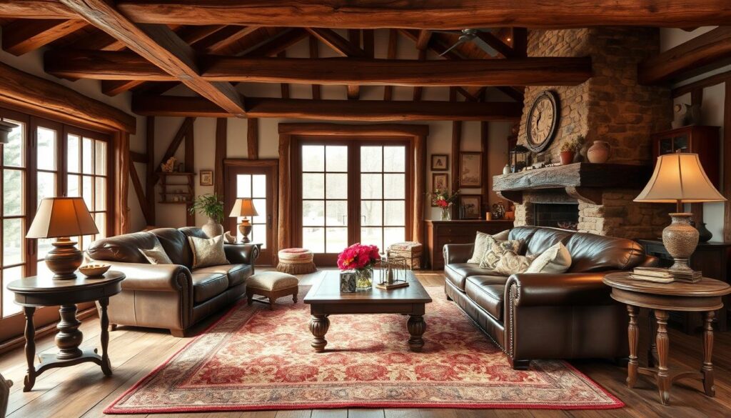 Cozy country living room with warm, rustic charm. A large, overstuffed leather sofa and armchair sit atop a plush, patterned area rug. Wooden beams and stone fireplace create a natural, earthy ambiance. Soft, natural lighting filters in through large windows, highlighting the rich, textured fabrics and vintage-inspired decor. Antique side tables, a wooden coffee table, and decorative vases and plants add warmth and character. The overall atmosphere is inviting, comfortable, and reflective of a serene, pastoral lifestyle. Cozy country living room with warm, rustic charm. A large, overstuffed leather sofa and armchair sit atop a plush, patterned area rug. Wooden beams and stone fireplace create a natural, earthy ambiance. Soft, natural lighting filters in through large windows, highlighting the rich, textured fabrics and vintage-inspired decor. Antique side tables, a wooden coffee table, and decorative vases and plants add warmth and character. The overall atmosphere is inviting, comfortable, and reflective of a serene, pastoral lifestyle.