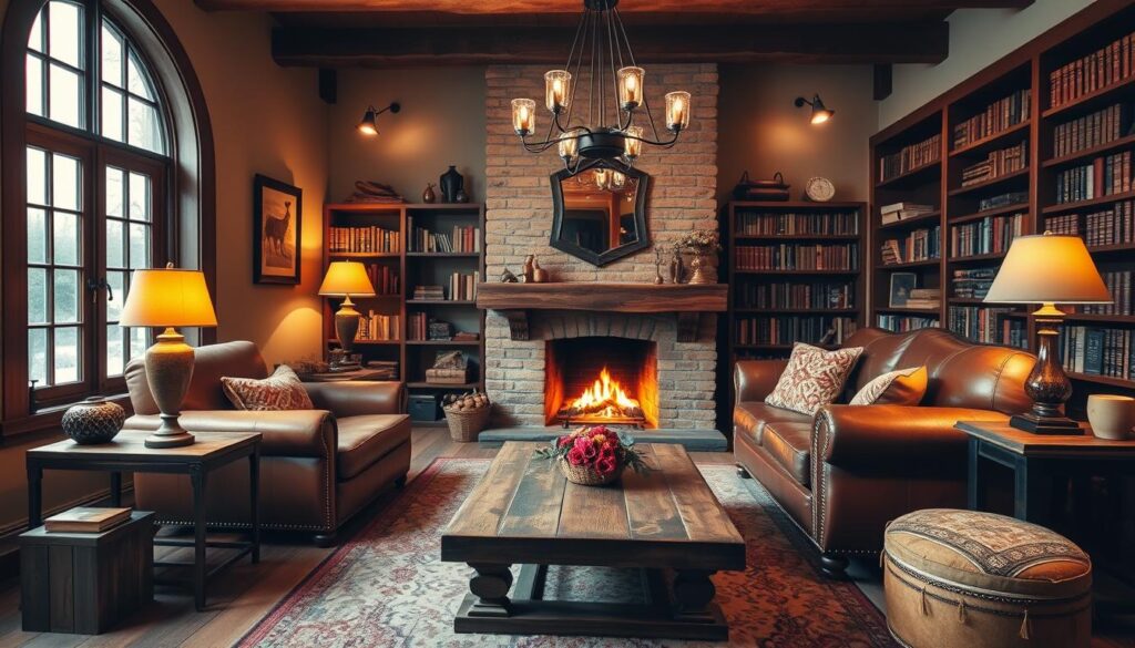 Cozy living room in warm, inviting tones. Plush armchair and loveseat in rich burgundy and cognac leather, accented by soft throw pillows in earthy hues. Wooden side tables and coffee table with rustic, weathered finish. Cozy fireplace with dancing flames casts a gentle glow across the space. Bookshelves line the walls, filled with vintage tomes. Soft, ambient lighting from floor lamps and a large, central chandelier. Large windows allow natural light to stream in, illuminating the room. Overall, a peaceful, intimate atmosphere that evokes feelings of comfort and relaxation. Cozy living room in warm, inviting tones. Plush armchair and loveseat in rich burgundy and cognac leather, accented by soft throw pillows in earthy hues. Wooden side tables and coffee table with rustic, weathered finish. Cozy fireplace with dancing flames casts a gentle glow across the space. Bookshelves line the walls, filled with vintage tomes. Soft, ambient lighting from floor lamps and a large, central chandelier. Large windows allow natural light to stream in, illuminating the room. Overall, a peaceful, intimate atmosphere that evokes feelings of comfort and relaxation.