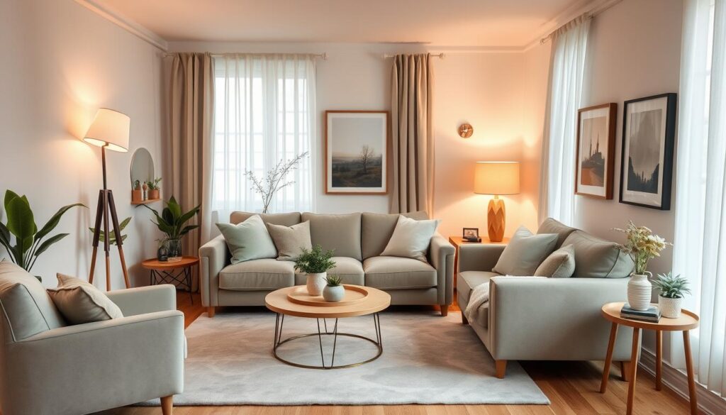 Cozy small living room with a harmonious color palette. Soft, muted tones of warm beige, sage green, and pale blue create a calming and inviting atmosphere. Plush textured fabrics like velvet and linen adorn the sofa and armchair, complemented by a large area rug in a subtle abstract pattern. Warm task lighting from a minimalist floor lamp and decorative sconces cast a gentle glow, while natural light filters through sheer curtains. Decorative accents like potted plants, framed artwork, and wooden side tables add personal touches, resulting in a serene and cohesive living space. Cozy small living room with a harmonious color palette. Soft, muted tones of warm beige, sage green, and pale blue create a calming and inviting atmosphere. Plush textured fabrics like velvet and linen adorn the sofa and armchair, complemented by a large area rug in a subtle abstract pattern. Warm task lighting from a minimalist floor lamp and decorative sconces cast a gentle glow, while natural light filters through sheer curtains. Decorative accents like potted plants, framed artwork, and wooden side tables add personal touches, resulting in a serene and cohesive living space.