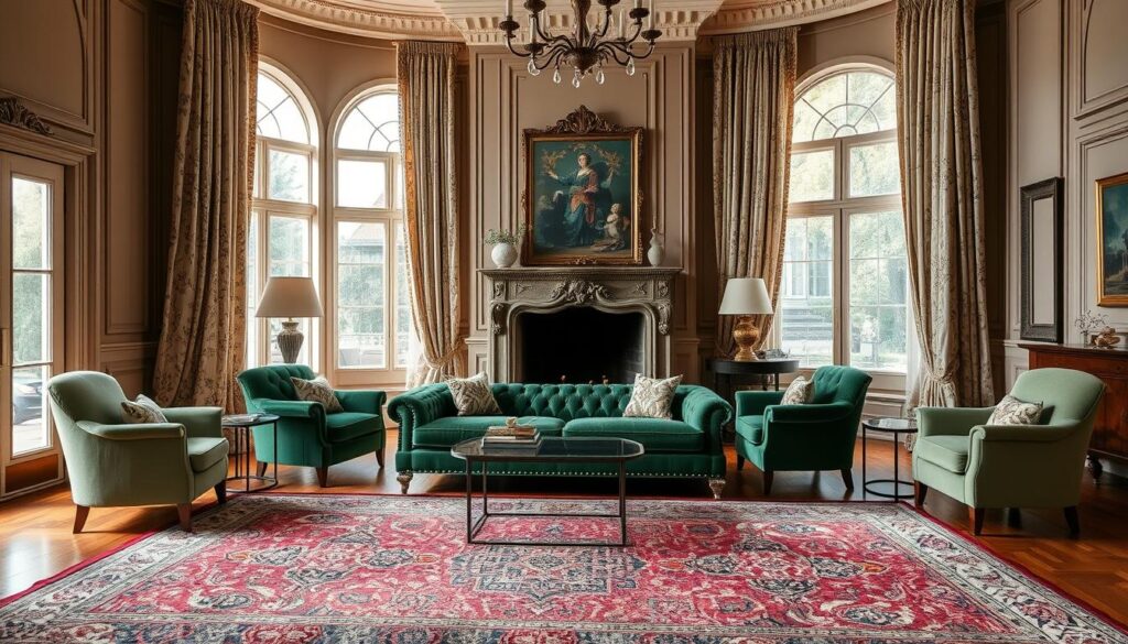 Elegant living room with luxurious textiles and furnishings. A plush velvet sofa in a rich emerald hue sits before a large, ornate fireplace. Intricate Persian-style area rugs cover the hardwood floor, their vibrant colors and patterns adding depth and warmth to the space. Soft, flowing curtains in a delicate floral print frame tall, arched windows, allowing natural light to filter in. Bespoke armchairs upholstered in a velvety sage tone flank the sofa, complementing the room's earthy color palette. The overall atmosphere is one of refined sophistication and cozy comfort. Elegant living room with luxurious textiles and furnishings. A plush velvet sofa in a rich emerald hue sits before a large, ornate fireplace. Intricate Persian-style area rugs cover the hardwood floor, their vibrant colors and patterns adding depth and warmth to the space. Soft, flowing curtains in a delicate floral print frame tall, arched windows, allowing natural light to filter in. Bespoke armchairs upholstered in a velvety sage tone flank the sofa, complementing the room's earthy color palette. The overall atmosphere is one of refined sophistication and cozy comfort.