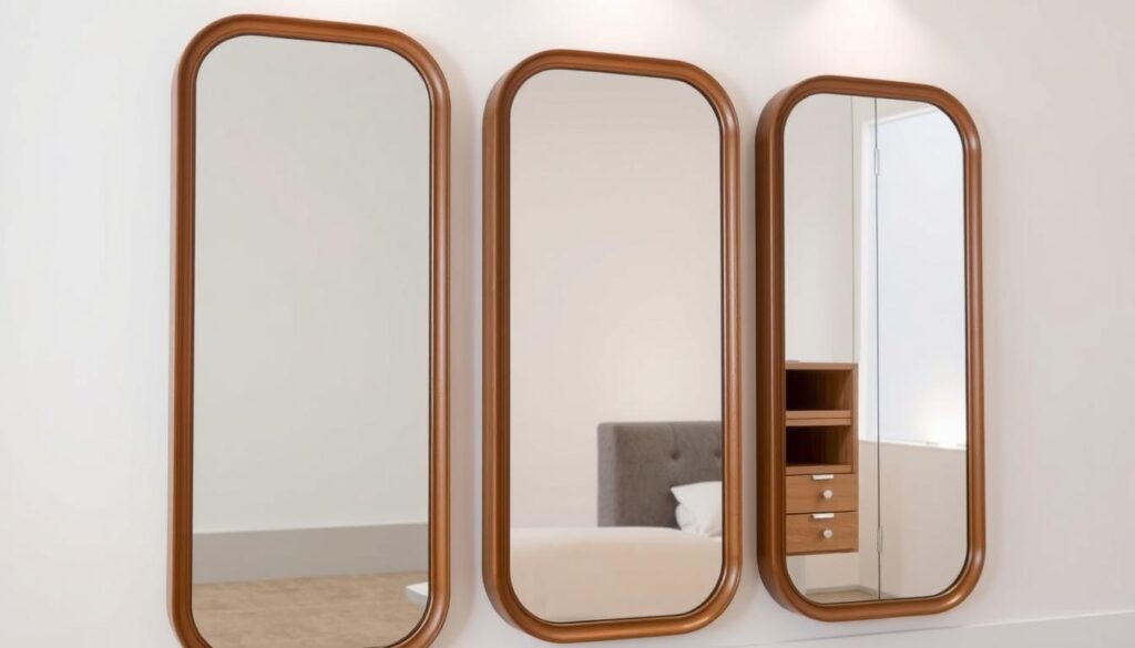 Elegant multi-functional mirrors with built-in storage compartments, positioned against a minimalist white wall. The mirrors have a sleek, reflective surface and a subtle wooden frame, casting a warm glow in the room. The storage areas are hidden behind discrete panels, seamlessly integrated into the design. Soft, directional lighting illuminates the mirrors, creating a serene and inviting atmosphere. The arrangement of the mirrors suggests a harmonious balance, with clean lines and a modern, yet timeless aesthetic. The overall scene conveys a sense of organization, functionality, and refined living room style. Elegant multi-functional mirrors with built-in storage compartments, positioned against a minimalist white wall. The mirrors have a sleek, reflective surface and a subtle wooden frame, casting a warm glow in the room. The storage areas are hidden behind discrete panels, seamlessly integrated into the design. Soft, directional lighting illuminates the mirrors, creating a serene and inviting atmosphere. The arrangement of the mirrors suggests a harmonious balance, with clean lines and a modern, yet timeless aesthetic. The overall scene conveys a sense of organization, functionality, and refined living room style.
