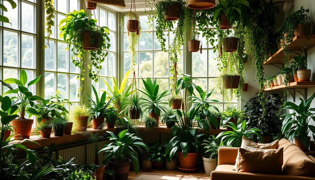 Lush green indoor garden, natural sunlight streaming through large windows, pots of thriving houseplants and trailing vines cascading from shelves and hanging baskets. A cozy living room with an abundance of verdant foliage, earthy textures, and a serene, biophilic atmosphere. Wooden furniture, neutral tones, and a sense of tranquility as the outdoors is seamlessly brought inside. Soft, diffused lighting illuminates the verdant scene, creating a calming, rejuvenating ambiance perfect for an eco-friendly, nature-inspired living space. Lush green indoor garden, natural sunlight streaming through large windows, pots of thriving houseplants and trailing vines cascading from shelves and hanging baskets. A cozy living room with an abundance of verdant foliage, earthy textures, and a serene, biophilic atmosphere. Wooden furniture, neutral tones, and a sense of tranquility as the outdoors is seamlessly brought inside. Soft, diffused lighting illuminates the verdant scene, creating a calming, rejuvenating ambiance perfect for an eco-friendly, nature-inspired living space.