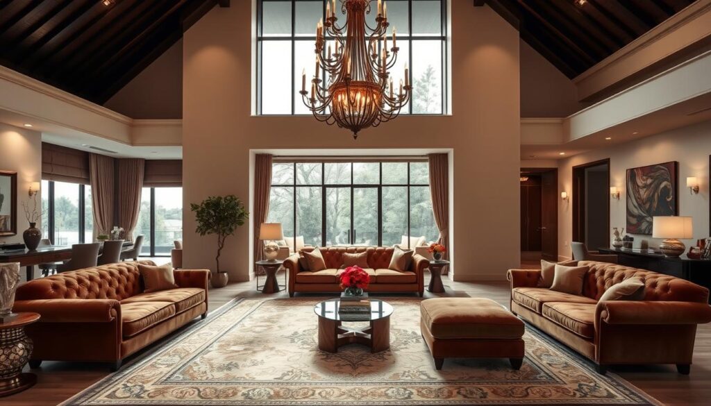 Luxurious living room with a warm, inviting ambiance. A sprawling open-concept space with high ceilings and large windows, allowing natural light to flood the room. Plush, tufted sofas and armchairs in rich, earthy tones, complemented by a sumptuous velvet chaise lounge. A stunning, ornate chandelier casts a soft, flattering glow, with additional recessed lighting highlighting architectural features and artwork. A large, intricately patterned area rug grounds the space, while carefully curated decor, including sculptural vases and metallic accents, lend an air of sophisticated elegance. The overall scene evokes a sense of refined opulence and comfort. Luxurious living room with a warm, inviting ambiance. A sprawling open-concept space with high ceilings and large windows, allowing natural light to flood the room. Plush, tufted sofas and armchairs in rich, earthy tones, complemented by a sumptuous velvet chaise lounge. A stunning, ornate chandelier casts a soft, flattering glow, with additional recessed lighting highlighting architectural features and artwork. A large, intricately patterned area rug grounds the space, while carefully curated decor, including sculptural vases and metallic accents, lend an air of sophisticated elegance. The overall scene evokes a sense of refined opulence and comfort.
