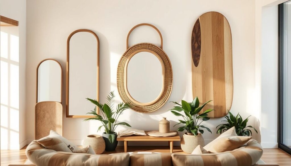 Meticulously crafted, eco-friendly mirrors made from sustainable materials like bamboo, recycled glass, and natural stone, arranged in a harmonious, minimalist living room setting. Soft, natural lighting illuminates the mirrors, highlighting their organic textures and muted tones that seamlessly blend with the earthy color palette. The mirrors are positioned strategically to create a sense of depth and reflection, enhancing the spacious, serene atmosphere. Lush, potted plants and natural fiber accents complete the soothing, nature-inspired ambiance, embodying the essence of sustainable, mindful decor. Meticulously crafted, eco-friendly mirrors made from sustainable materials like bamboo, recycled glass, and natural stone, arranged in a harmonious, minimalist living room setting. Soft, natural lighting illuminates the mirrors, highlighting their organic textures and muted tones that seamlessly blend with the earthy color palette. The mirrors are positioned strategically to create a sense of depth and reflection, enhancing the spacious, serene atmosphere. Lush, potted plants and natural fiber accents complete the soothing, nature-inspired ambiance, embodying the essence of sustainable, mindful decor.