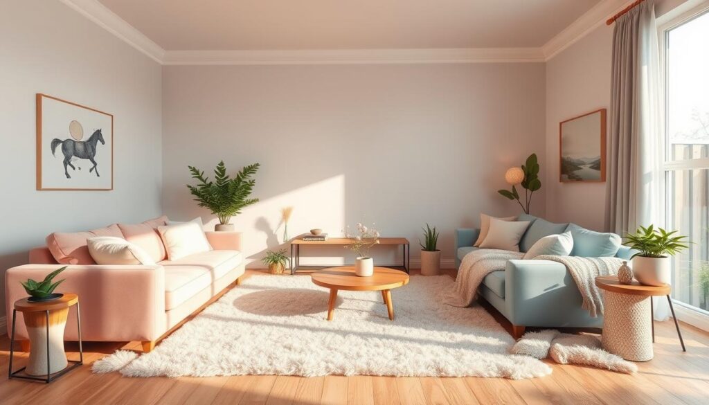 Pastel living room with soft, muted tones. A cozy, inviting space with delicate pastel-hued walls, accented by plush velvet sofas in pale pinks and blues. Warm, diffused lighting casts a gentle glow, creating a tranquil ambiance. Minimalist decor with natural wood accents and potted plants adds organic elements. Large windows allow natural light to filter in, enhancing the serene, airy atmosphere. Fluffy area rugs in complementary pastel shades anchor the space, while plush throw pillows and knitted blankets invite relaxation. An overall sense of calm and comfort permeates the scene, reflecting a softer, more soothing approach to living room design.