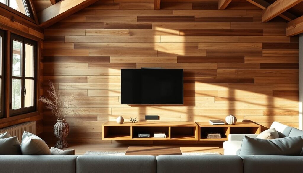 Rustic living room with a weathered wooden accent wall, featuring a mounted TV. The wall has a mix of horizontal and vertical planks in warm earth tones, creating a cozy, farmhouse-inspired aesthetic. Soft, natural lighting filters in from large windows, casting gentle shadows and highlighting the textural details of the wood. The room has a minimalist, Scandinavian-inspired layout, with a neutral sofa and complementary decor elements. The overall mood is relaxed, inviting, and perfectly suited for enjoying media in a comfortable, stylish setting. Rustic living room with a weathered wooden accent wall, featuring a mounted TV. The wall has a mix of horizontal and vertical planks in warm earth tones, creating a cozy, farmhouse-inspired aesthetic. Soft, natural lighting filters in from large windows, casting gentle shadows and highlighting the textural details of the wood. The room has a minimalist, Scandinavian-inspired layout, with a neutral sofa and complementary decor elements. The overall mood is relaxed, inviting, and perfectly suited for enjoying media in a comfortable, stylish setting.