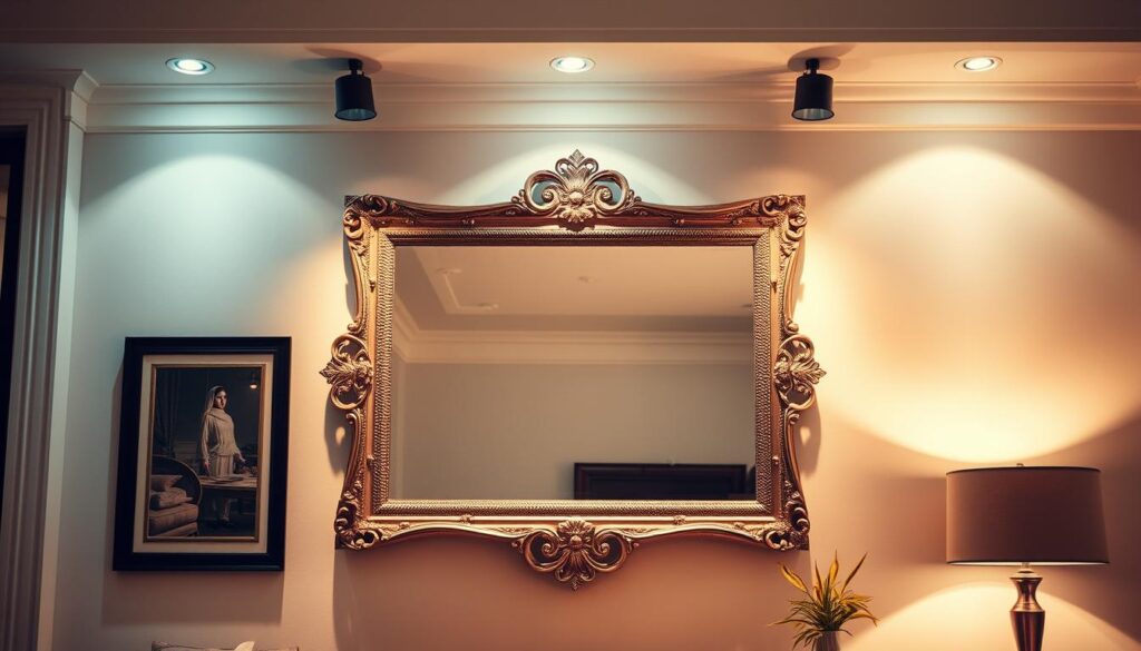 Warm, diffused lighting illuminates a tastefully designed living room, where a large, ornate mirror hangs prominently on the wall. The mirror's surface reflects the ambient light, creating a soft, inviting glow that enhances the room's overall ambiance. Strategically placed spotlights above the mirror accentuate its intricate detailing, casting a captivating play of shadows and highlights. The mirror's elegant frame complements the room's modern, minimalist decor, seamlessly blending form and function. This harmonious integration of lighting and reflective surfaces elevates the space, transforming it into a welcoming, luminous haven. Warm, diffused lighting illuminates a tastefully designed living room, where a large, ornate mirror hangs prominently on the wall. The mirror's surface reflects the ambient light, creating a soft, inviting glow that enhances the room's overall ambiance. Strategically placed spotlights above the mirror accentuate its intricate detailing, casting a captivating play of shadows and highlights. The mirror's elegant frame complements the room's modern, minimalist decor, seamlessly blending form and function. This harmonious integration of lighting and reflective surfaces elevates the space, transforming it into a welcoming, luminous haven.