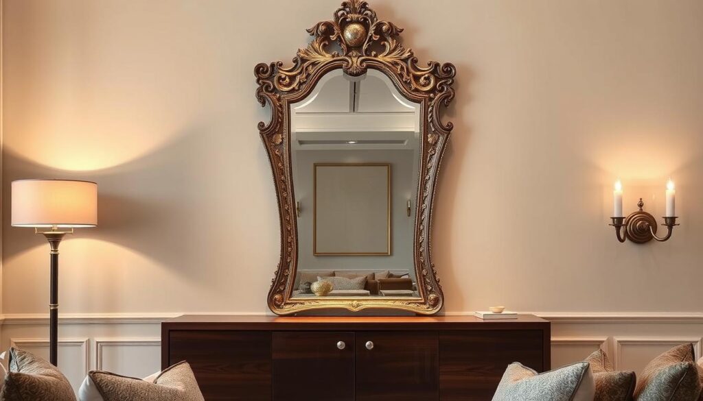 a luxurious, custom-made mirror displayed in a well-appointed living room. The mirror has an intricate, hand-crafted frame featuring ornate carvings, gilded accents, and a unique, asymmetrical shape. Soft, warm lighting from a nearby floor lamp and sconces casts a gentle glow, illuminating the mirror's elegant design. The mirror is positioned above a sleek, wooden console table, creating a visually striking focal point. The overall scene conveys a sense of refined sophistication and personalized style, perfectly suited for a high-end living space. a luxurious, custom-made mirror displayed in a well-appointed living room. The mirror has an intricate, hand-crafted frame featuring ornate carvings, gilded accents, and a unique, asymmetrical shape. Soft, warm lighting from a nearby floor lamp and sconces casts a gentle glow, illuminating the mirror's elegant design. The mirror is positioned above a sleek, wooden console table, creating a visually striking focal point. The overall scene conveys a sense of refined sophistication and personalized style, perfectly suited for a high-end living space.