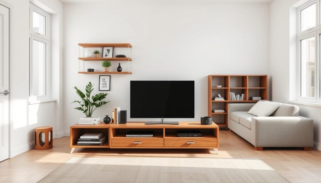 a minimalist, cozy and well-organized small living room with stylish storage solutions. The room has clean lines, neutral colors, and plenty of natural light from large windows. In the foreground, a low, sleek wooden media console with built-in shelves and drawers provides ample storage for books, decor, and electronics. Floating wall shelves in the middle ground display carefully curated trinkets and plants, while a modular sofa with hidden storage compartments sits in the background. The overall atmosphere is calm, refined, and conducive to relaxation. a minimalist, cozy and well-organized small living room with stylish storage solutions. The room has clean lines, neutral colors, and plenty of natural light from large windows. In the foreground, a low, sleek wooden media console with built-in shelves and drawers provides ample storage for books, decor, and electronics. Floating wall shelves in the middle ground display carefully curated trinkets and plants, while a modular sofa with hidden storage compartments sits in the background. The overall atmosphere is calm, refined, and conducive to relaxation.