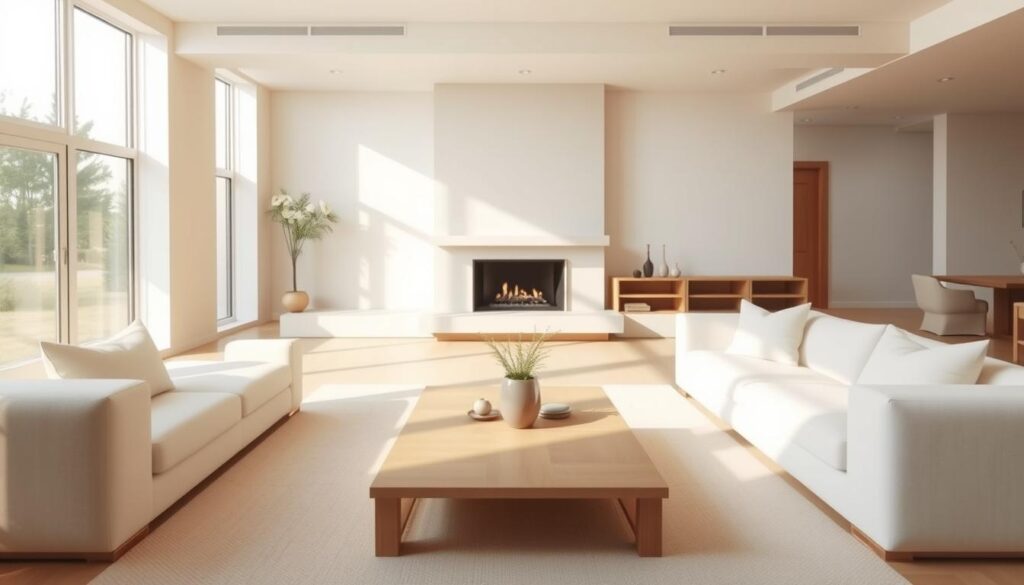 a minimalist living room layout with clean lines, neutral colors, and natural materials. a large open-concept space with a plush off-white sofa facing a minimalist fireplace and mounted tv. in the foreground, a low-profile coffee table with simple decor. the room is flooded with warm, diffused natural light from large windows, creating a calming, serene atmosphere. the layout is designed to maximize open space and flow, with a sense of balance and harmony. the overall aesthetic is one of understated elegance and timeless design. a minimalist living room layout with clean lines, neutral colors, and natural materials. a large open-concept space with a plush off-white sofa facing a minimalist fireplace and mounted tv. in the foreground, a low-profile coffee table with simple decor. the room is flooded with warm, diffused natural light from large windows, creating a calming, serene atmosphere. the layout is designed to maximize open space and flow, with a sense of balance and harmony. the overall aesthetic is one of understated elegance and timeless design.