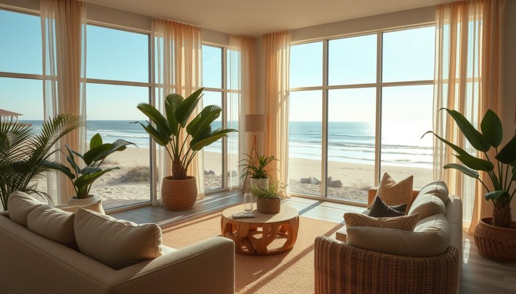 a serene coastal living room with panoramic windows overlooking a sun-drenched beach and the gentle waves of the ocean beyond. The room is bathed in warm, natural light that filters in through sheer curtains, casting a soft, golden glow over the plush, sand-colored furniture and lush, tropical plants. The decor is a harmonious blend of natural textures and soothing, earthy tones, such as weathered driftwood, woven rattan, and soft, muted blues and greens that echo the calming hues of the sea and sky. The overall atmosphere is one of tranquility and relaxation, inviting the viewer to imagine themselves unwinding in this idyllic, beachfront retreat.