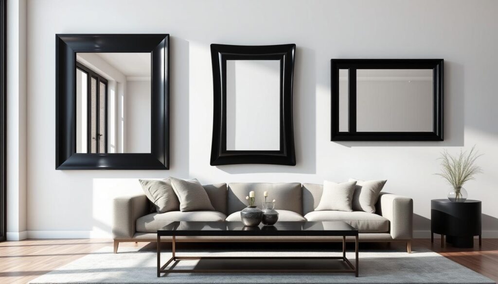 bold mirror frames in a modern living room setting, sleek black or metallic frames with striking geometric or abstract designs, the mirrors placed prominently on a light-colored wall, natural lighting streaming in through large windows, creating dramatic shadows and highlights, the frames commanding attention as a focal point, elevating the space with a sense of sophistication and contemporary flair bold mirror frames in a modern living room setting, sleek black or metallic frames with striking geometric or abstract designs, the mirrors placed prominently on a light-colored wall, natural lighting streaming in through large windows, creating dramatic shadows and highlights, the frames commanding attention as a focal point, elevating the space with a sense of sophistication and contemporary flair