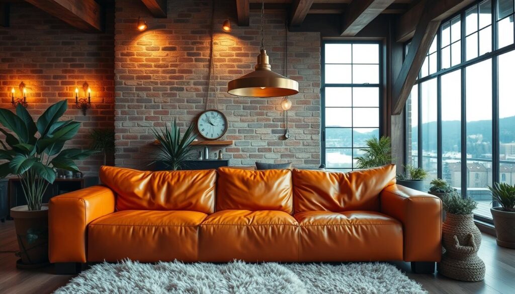 rustic and industrial inspirations for orange leather couch living room