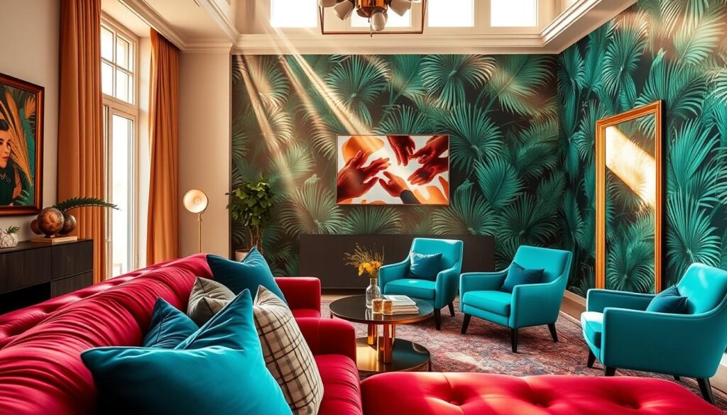 A bold and vibrant living room with a statement-making color palette. The foreground features a plush, deep-red velvet sofa accented with jewel-toned throw pillows. In the middle ground, a pair of sleek, angular armchairs in a saturated turquoise hue. The background showcases a lush, tropical-inspired wallpaper with large palm fronds in shades of emerald and jade. Beams of warm, golden light stream in through tall windows, casting a cozy, inviting glow. The overall atmosphere is one of confident, modern elegance and a celebration of rich, unapologetic color. A bold and vibrant living room with a statement-making color palette. The foreground features a plush, deep-red velvet sofa accented with jewel-toned throw pillows. In the middle ground, a pair of sleek, angular armchairs in a saturated turquoise hue. The background showcases a lush, tropical-inspired wallpaper with large palm fronds in shades of emerald and jade. Beams of warm, golden light stream in through tall windows, casting a cozy, inviting glow. The overall atmosphere is one of confident, modern elegance and a celebration of rich, unapologetic color.