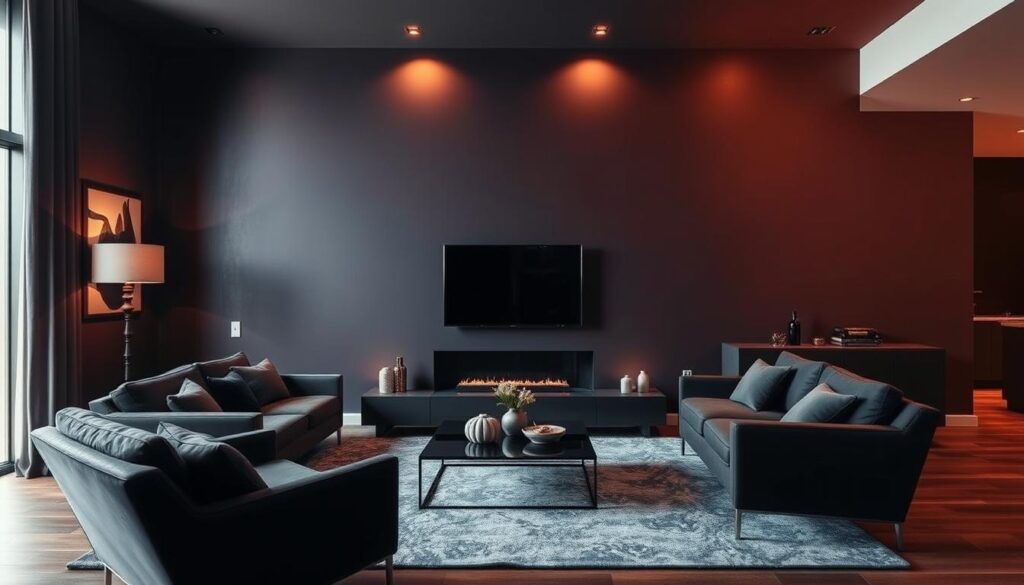 A bold, moody living room with an accent wall in a deep, rich color palette. The wall is illuminated by warm, dramatic lighting, casting dramatic shadows and highlights. The room is filled with textured layers of dark charcoal, midnight blue, and muted burgundy hues. Sleek, minimalist furniture in blacks and grays contrasts with the bold wall color. The atmosphere is cozy, sophisticated, and transformative, inspiring a sense of drama and sophistication. A bold, moody living room with an accent wall in a deep, rich color palette. The wall is illuminated by warm, dramatic lighting, casting dramatic shadows and highlights. The room is filled with textured layers of dark charcoal, midnight blue, and muted burgundy hues. Sleek, minimalist furniture in blacks and grays contrasts with the bold wall color. The atmosphere is cozy, sophisticated, and transformative, inspiring a sense of drama and sophistication.