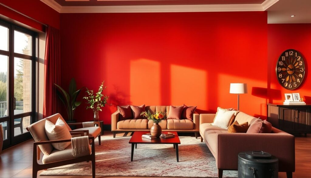A boldly colored accent wall takes center stage in this stylish room, casting a warm, vibrant glow. The space features a harmonious blend of rich tones, from deep burgundy to vibrant ochre, complemented by elegant wood furnishings and plush textiles. Soft, directional lighting illuminates the scene, creating a cozy, inviting atmosphere. The composition balances clean, modern lines with organic, textural elements, resulting in a visually striking yet balanced interior design. The overall effect is one of sophistication and personality, perfectly capturing the essence of a bold, colorful living room. A boldly colored accent wall takes center stage in this stylish room, casting a warm, vibrant glow. The space features a harmonious blend of rich tones, from deep burgundy to vibrant ochre, complemented by elegant wood furnishings and plush textiles. Soft, directional lighting illuminates the scene, creating a cozy, inviting atmosphere. The composition balances clean, modern lines with organic, textural elements, resulting in a visually striking yet balanced interior design. The overall effect is one of sophistication and personality, perfectly capturing the essence of a bold, colorful living room.