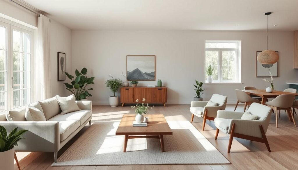 A bright, airy contemporary living room with a harmonious color palette. Soft, muted shades of sage green, dusty pink, and creamy white create a serene, inviting atmosphere. Diffused natural light filters through large windows, casting a warm glow on the modern, minimalist furniture - a plush velvet sofa, a sleek wooden coffee table, and a pair of mid-century armchairs. Potted plants and a woven area rug add organic texture. The open concept space seamlessly flows into a dining area with a wooden table and modern, upholstered chairs. An overall sense of balance, comfort, and timeless style. A bright, airy contemporary living room with a harmonious color palette. Soft, muted shades of sage green, dusty pink, and creamy white create a serene, inviting atmosphere. Diffused natural light filters through large windows, casting a warm glow on the modern, minimalist furniture - a plush velvet sofa, a sleek wooden coffee table, and a pair of mid-century armchairs. Potted plants and a woven area rug add organic texture. The open concept space seamlessly flows into a dining area with a wooden table and modern, upholstered chairs. An overall sense of balance, comfort, and timeless style.