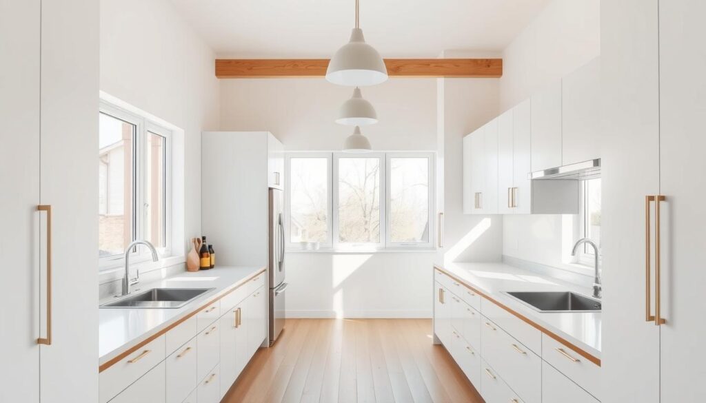 A bright, airy galley kitchen layout with clean, minimalist aesthetics. The kitchen features sleek, white cabinetry lining both sides, creating an efficient and functional workspace. Muted natural wood accents, such as the countertops and flooring, add a warm, inviting touch. Abundant natural light streams in through large windows, illuminating the space and creating a sense of openness. Subtle pendant lighting fixtures hang above the central walkway, providing focused task lighting. The kitchen is uncluttered, with a seamless flow between the cooking, prep, and cleanup zones. Overall, the layout showcases a harmonious balance of form and function, making the most of a compact space. A bright, airy galley kitchen layout with clean, minimalist aesthetics. The kitchen features sleek, white cabinetry lining both sides, creating an efficient and functional workspace. Muted natural wood accents, such as the countertops and flooring, add a warm, inviting touch. Abundant natural light streams in through large windows, illuminating the space and creating a sense of openness. Subtle pendant lighting fixtures hang above the central walkway, providing focused task lighting. The kitchen is uncluttered, with a seamless flow between the cooking, prep, and cleanup zones. Overall, the layout showcases a harmonious balance of form and function, making the most of a compact space.