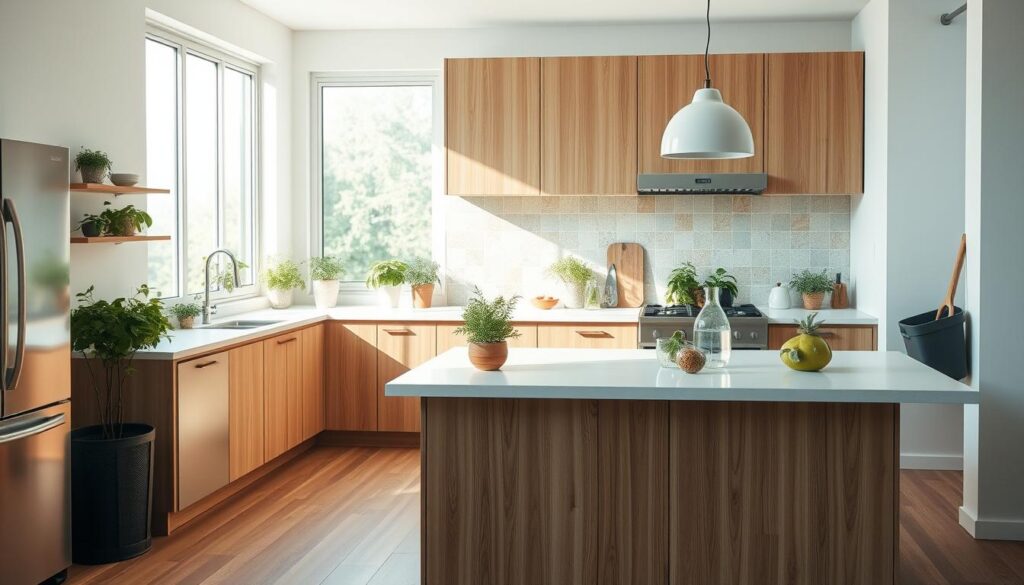 A bright, airy kitchen with natural wood cabinets, a minimalist island, and a large window that floods the space with soft, diffused daylight. On the countertop, an array of lush potted herbs, a reusable water carafe, and a compost bin tucked neatly in the corner. The backsplash features handcrafted ceramic tiles in earthy tones, complementing the sustainable bamboo flooring. Energy-efficient appliances and LED lighting accentuate the clean, eco-conscious aesthetic. The overall atmosphere evokes a sense of tranquility and environmental responsibility. A bright, airy kitchen with natural wood cabinets, a minimalist island, and a large window that floods the space with soft, diffused daylight. On the countertop, an array of lush potted herbs, a reusable water carafe, and a compost bin tucked neatly in the corner. The backsplash features handcrafted ceramic tiles in earthy tones, complementing the sustainable bamboo flooring. Energy-efficient appliances and LED lighting accentuate the clean, eco-conscious aesthetic. The overall atmosphere evokes a sense of tranquility and environmental responsibility.
