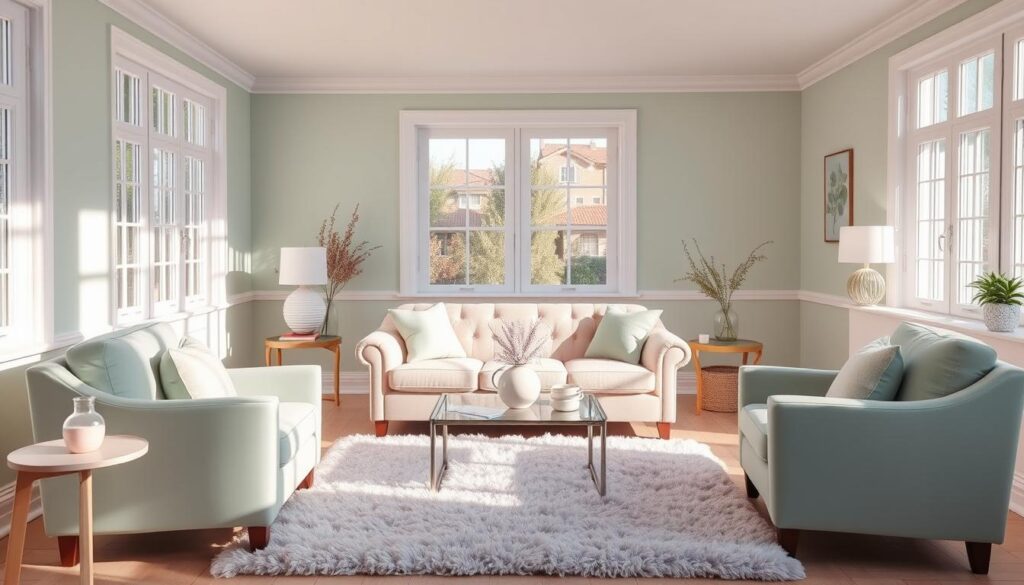 A bright, airy living room filled with soft, pastel hues. The walls are painted in a pale mint green, creating a calming, refreshing backdrop. In the center, a plush, light pink velvet sofa invites relaxation, flanked by a pair of mint green armchairs. On the floor, a fluffy pastel-toned area rug in shades of lavender and powder blue adds a playful, textural element. Sunlight streams in through large windows, casting a warm, diffused glow and highlighting the delicate, pastel-colored decor items scattered throughout the space, including a pastel pink ceramic vase, a mint green throw pillow, and a lavender-scented candle on the coffee table. A bright, airy living room filled with soft, pastel hues. The walls are painted in a pale mint green, creating a calming, refreshing backdrop. In the center, a plush, light pink velvet sofa invites relaxation, flanked by a pair of mint green armchairs. On the floor, a fluffy pastel-toned area rug in shades of lavender and powder blue adds a playful, textural element. Sunlight streams in through large windows, casting a warm, diffused glow and highlighting the delicate, pastel-colored decor items scattered throughout the space, including a pastel pink ceramic vase, a mint green throw pillow, and a lavender-scented candle on the coffee table.