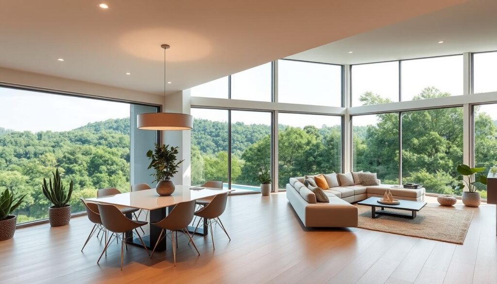A bright, airy open-concept living and dining room with a panoramic view of a lush, verdant landscape through large floor-to-ceiling windows. The space features a contemporary minimalist design with clean lines and a neutral color palette. A sleek dining table with modern chairs is positioned adjacent to a comfortable L-shaped sectional sofa and a stylish coffee table. Warm, diffused lighting from recessed ceiling fixtures and a statement pendant over the dining area creates a cozy, inviting ambiance. The room is accented with potted plants and natural textures, such as wood and stone, blending the indoor and outdoor spaces seamlessly. A bright, airy open-concept living and dining room with a panoramic view of a lush, verdant landscape through large floor-to-ceiling windows. The space features a contemporary minimalist design with clean lines and a neutral color palette. A sleek dining table with modern chairs is positioned adjacent to a comfortable L-shaped sectional sofa and a stylish coffee table. Warm, diffused lighting from recessed ceiling fixtures and a statement pendant over the dining area creates a cozy, inviting ambiance. The room is accented with potted plants and natural textures, such as wood and stone, blending the indoor and outdoor spaces seamlessly.