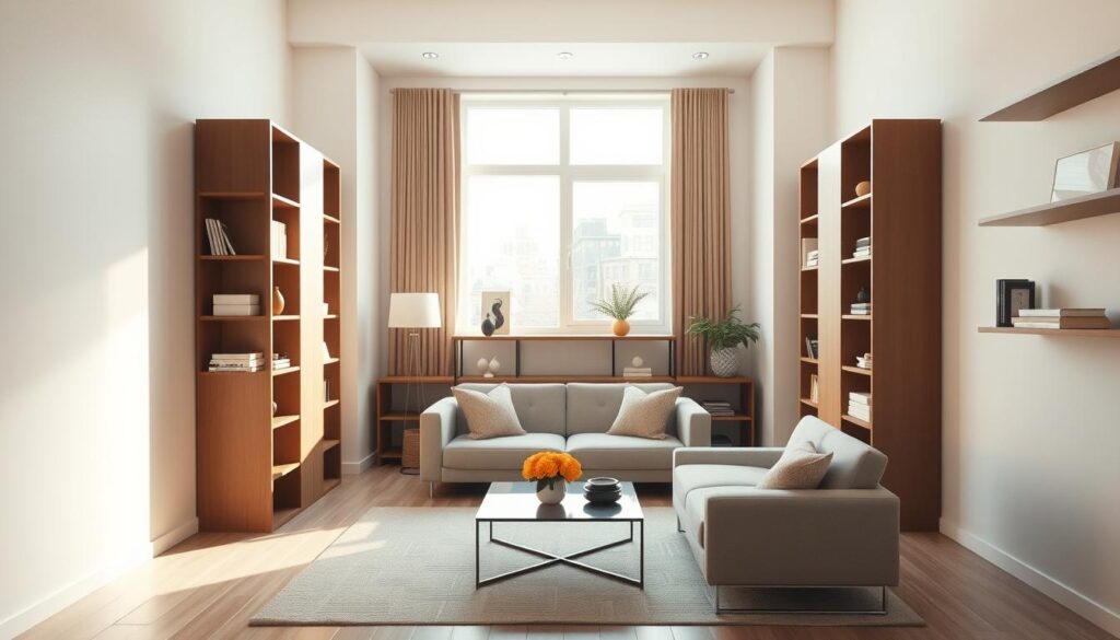 A bright, airy small living room with maximized vertical space through sleek, minimalist shelving units. The foreground features a pair of tall, slender bookcases flanking a large window, creating the illusion of depth and height. The middle ground showcases a modern, low-profile sofa and a small coffee table, allowing ample floor space. In the background, additional shelves line the walls, organizing decor and personal items in a visually appealing manner. Warm, natural lighting filters in through the window, casting a cozy glow and enhancing the sense of openness. The overall atmosphere is one of intentional, clutter-free design that amplifies the limited square footage. A bright, airy small living room with maximized vertical space through sleek, minimalist shelving units. The foreground features a pair of tall, slender bookcases flanking a large window, creating the illusion of depth and height. The middle ground showcases a modern, low-profile sofa and a small coffee table, allowing ample floor space. In the background, additional shelves line the walls, organizing decor and personal items in a visually appealing manner. Warm, natural lighting filters in through the window, casting a cozy glow and enhancing the sense of openness. The overall atmosphere is one of intentional, clutter-free design that amplifies the limited square footage.