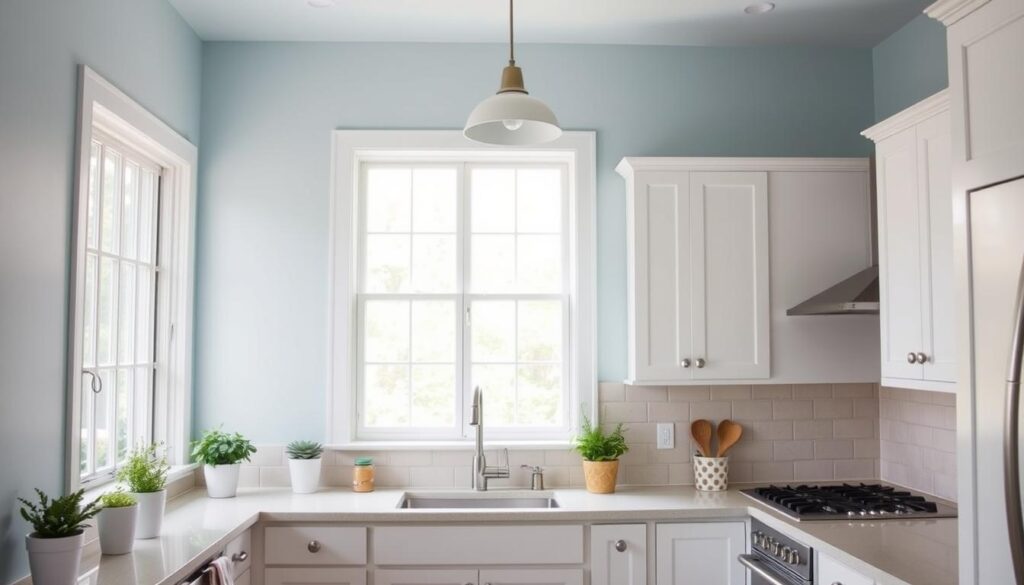 A bright and airy kitchen with fresh, budget-friendly updates. The walls are painted in a soft, light blue, creating a calming and inviting atmosphere. The cabinets have been given a new lease on life with a coat of crisp, white paint, complemented by brushed nickel hardware. A backsplash of subway tiles in a neutral tone adds texture and depth. Natural light floods the space through large windows, highlighting the clean, minimalist design. Potted herbs and a simple, modern light fixture complete the fresh, rejuvenated look. An inspiring scene of a kitchen transformed with a few simple, cost-effective changes. A bright and airy kitchen with fresh, budget-friendly updates. The walls are painted in a soft, light blue, creating a calming and inviting atmosphere. The cabinets have been given a new lease on life with a coat of crisp, white paint, complemented by brushed nickel hardware. A backsplash of subway tiles in a neutral tone adds texture and depth. Natural light floods the space through large windows, highlighting the clean, minimalist design. Potted herbs and a simple, modern light fixture complete the fresh, rejuvenated look. An inspiring scene of a kitchen transformed with a few simple, cost-effective changes.