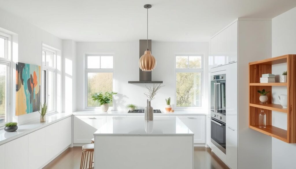 A bright and airy modern small kitchen, filled with natural light streaming through large windows. The sleek, minimalist cabinets in a crisp white hue create a clean, uncluttered look. A central island with a quartz or marble countertop serves as a focal point, complemented by stylish pendant lights overhead. Personalized decor elements, such as a vibrant abstract painting, potted greenery, and a unique ceramic vase, add pops of color and personality. The space is finished with warm wood accents, like a floating shelving unit, to balance the cool tones. The overall atmosphere is one of sophistication and functionality, perfect for a personalized small kitchen remodel. A bright and airy modern small kitchen, filled with natural light streaming through large windows. The sleek, minimalist cabinets in a crisp white hue create a clean, uncluttered look. A central island with a quartz or marble countertop serves as a focal point, complemented by stylish pendant lights overhead. Personalized decor elements, such as a vibrant abstract painting, potted greenery, and a unique ceramic vase, add pops of color and personality. The space is finished with warm wood accents, like a floating shelving unit, to balance the cool tones. The overall atmosphere is one of sophistication and functionality, perfect for a personalized small kitchen remodel.