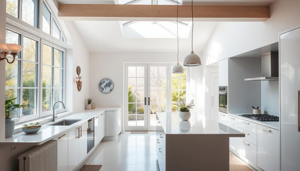 A bright and airy small kitchen, bathed in natural light streaming through large windows and a skylight above. Sleek white cabinets and countertops reflect the sunlight, creating an illusion of spaciousness. Minimalist decor and strategic placement of mirrors amplify the luminous atmosphere. Soft, diffused lighting from sconces and pendants add warmth and ambiance, while a tranquil garden visible through the windows provides a calming view. The kitchen has an open, inviting layout that seamlessly integrates with the living space, promoting a sense of flow and connectivity throughout the home.