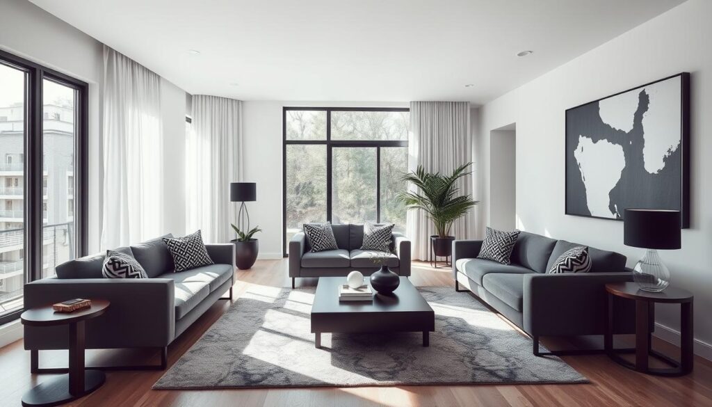 A chic black and white living room bathed in soft, diffused natural light streaming through large windows. The space features sleek, modern furniture including a low-profile sofa and armchairs upholstered in crisp monochrome fabrics. A minimalist coffee table and end tables in dark wood tones ground the scene. Textural elements like a plush area rug and throw pillows add depth. The walls are painted in a clean, neutral palette, complemented by abstract wall art in a high-contrast palette. The overall atmosphere is one of refined elegance and functionality, striking a balance between style and utility.