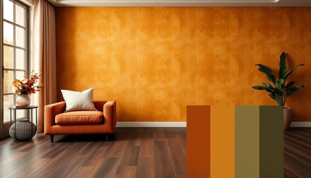 A color palette of warm, earthy tones that evoke a cozy, inviting atmosphere in a living room with dark hardwood floors. The foreground features a harmonious blend of rich burgundy, golden ochre, and deep olive hues, forming a visually striking composition. In the middle ground, the colors subtly transition to softer shades of sage green and muted terracotta, creating depth and balance. The background showcases a neutral backdrop of muted grays and taupes, allowing the vibrant colors to take center stage. The lighting is soft and diffused, casting a gentle glow and accentuating the depth and texture of the colors. The overall mood is one of sophistication, comfort, and a sense of timeless elegance. A color palette of warm, earthy tones that evoke a cozy, inviting atmosphere in a living room with dark hardwood floors. The foreground features a harmonious blend of rich burgundy, golden ochre, and deep olive hues, forming a visually striking composition. In the middle ground, the colors subtly transition to softer shades of sage green and muted terracotta, creating depth and balance. The background showcases a neutral backdrop of muted grays and taupes, allowing the vibrant colors to take center stage. The lighting is soft and diffused, casting a gentle glow and accentuating the depth and texture of the colors. The overall mood is one of sophistication, comfort, and a sense of timeless elegance.