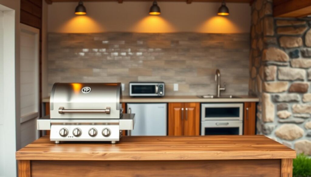 A compact outdoor kitchen setup with essential appliances arranged in a sleek, minimalist layout. In the foreground, a stainless steel grill and a small, integrated outdoor oven sit atop a weathered wood counter. In the middle ground, a compact refrigerator and a sink unit with a modern faucet provide essential functionality. The background features a tiled backsplash and natural stone walls, creating a rustic yet sophisticated atmosphere. Warm, soft lighting from overhead fixtures casts a cozy glow, while a subtle vignette effect adds depth and focus to the scene. A compact outdoor kitchen setup with essential appliances arranged in a sleek, minimalist layout. In the foreground, a stainless steel grill and a small, integrated outdoor oven sit atop a weathered wood counter. In the middle ground, a compact refrigerator and a sink unit with a modern faucet provide essential functionality. The background features a tiled backsplash and natural stone walls, creating a rustic yet sophisticated atmosphere. Warm, soft lighting from overhead fixtures casts a cozy glow, while a subtle vignette effect adds depth and focus to the scene.