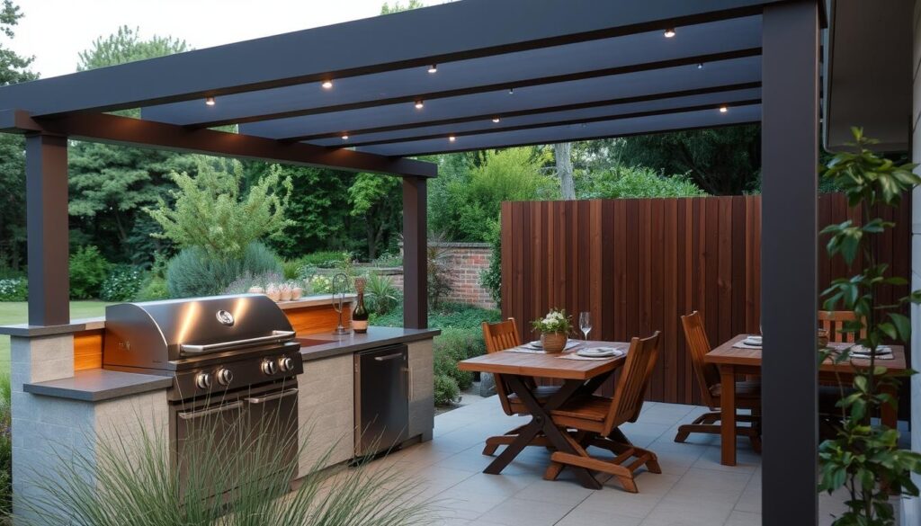 A compact outdoor kitchen with a sleek, stainless steel BBQ station nestled in a cozy, natural setting. The kitchen features a streamlined counter with built-in storage, complemented by a wood-paneled backsplash. Overhead, a modern pergola casts a warm, ambient glow from strategically placed lighting. In the middle ground, a well-appointed dining area with rustic wooden furniture invites alfresco meals. The background showcases a lush, verdant landscape, hinting at a serene, secluded garden oasis. The scene exudes a harmonious blend of functionality, style, and a connection to the great outdoors. A compact outdoor kitchen with a sleek, stainless steel BBQ station nestled in a cozy, natural setting. The kitchen features a streamlined counter with built-in storage, complemented by a wood-paneled backsplash. Overhead, a modern pergola casts a warm, ambient glow from strategically placed lighting. In the middle ground, a well-appointed dining area with rustic wooden furniture invites alfresco meals. The background showcases a lush, verdant landscape, hinting at a serene, secluded garden oasis. The scene exudes a harmonious blend of functionality, style, and a connection to the great outdoors.