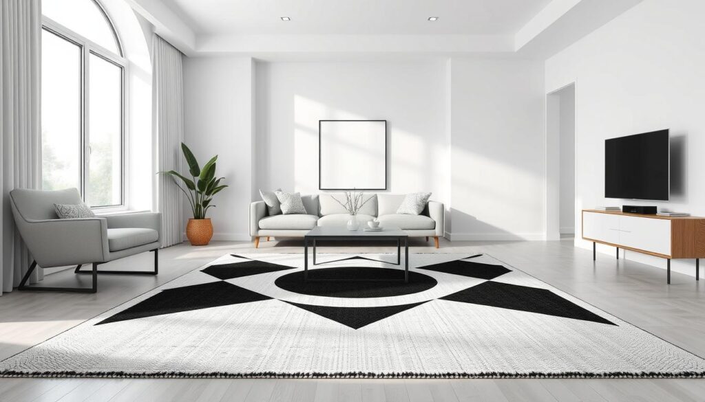 A contemporary black and white area rug takes center stage in a minimalist living room setting. The rug's geometric patterns create a bold, graphic focal point, grounding the space with a sense of modern sophistication. Soft, diffused lighting casts a warm, contemplative glow, while large windows allow natural illumination to filter in, casting subtle shadows across the rug's surface. The composition is clean and uncluttered, allowing the rug's monochromatic design to shine. Rendered with a high level of detail, the rug's textures and weave are clearly visible, inviting the viewer to imagine the tactile experience of the space.